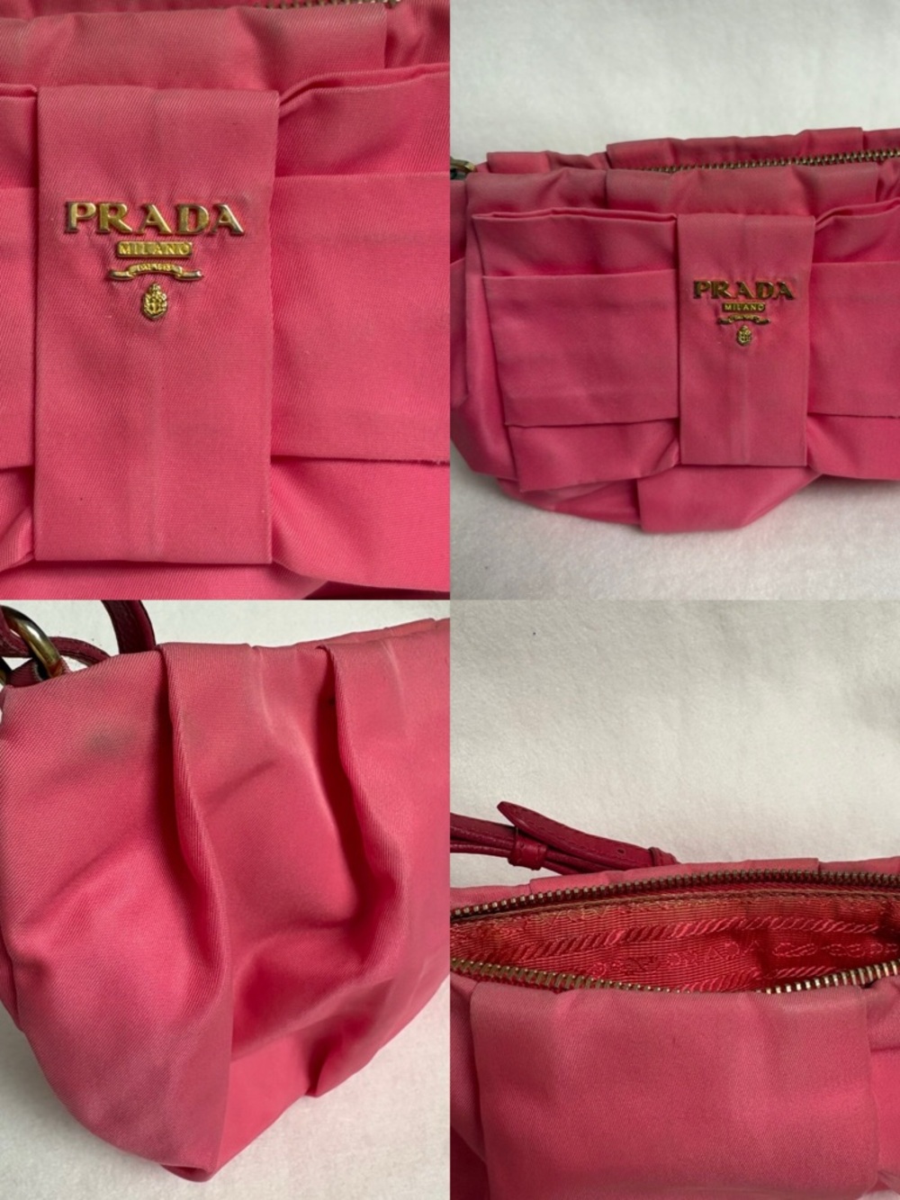 PRADA Pink Nylon Flat Bow Pouch Leather Wristlet Strap Ribbon - Picture 13 of 14